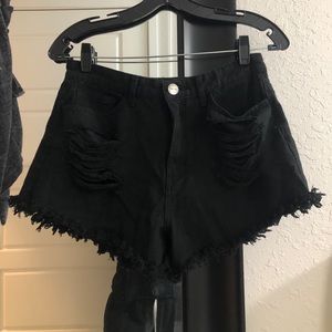 high wasted black ripped jean shorts